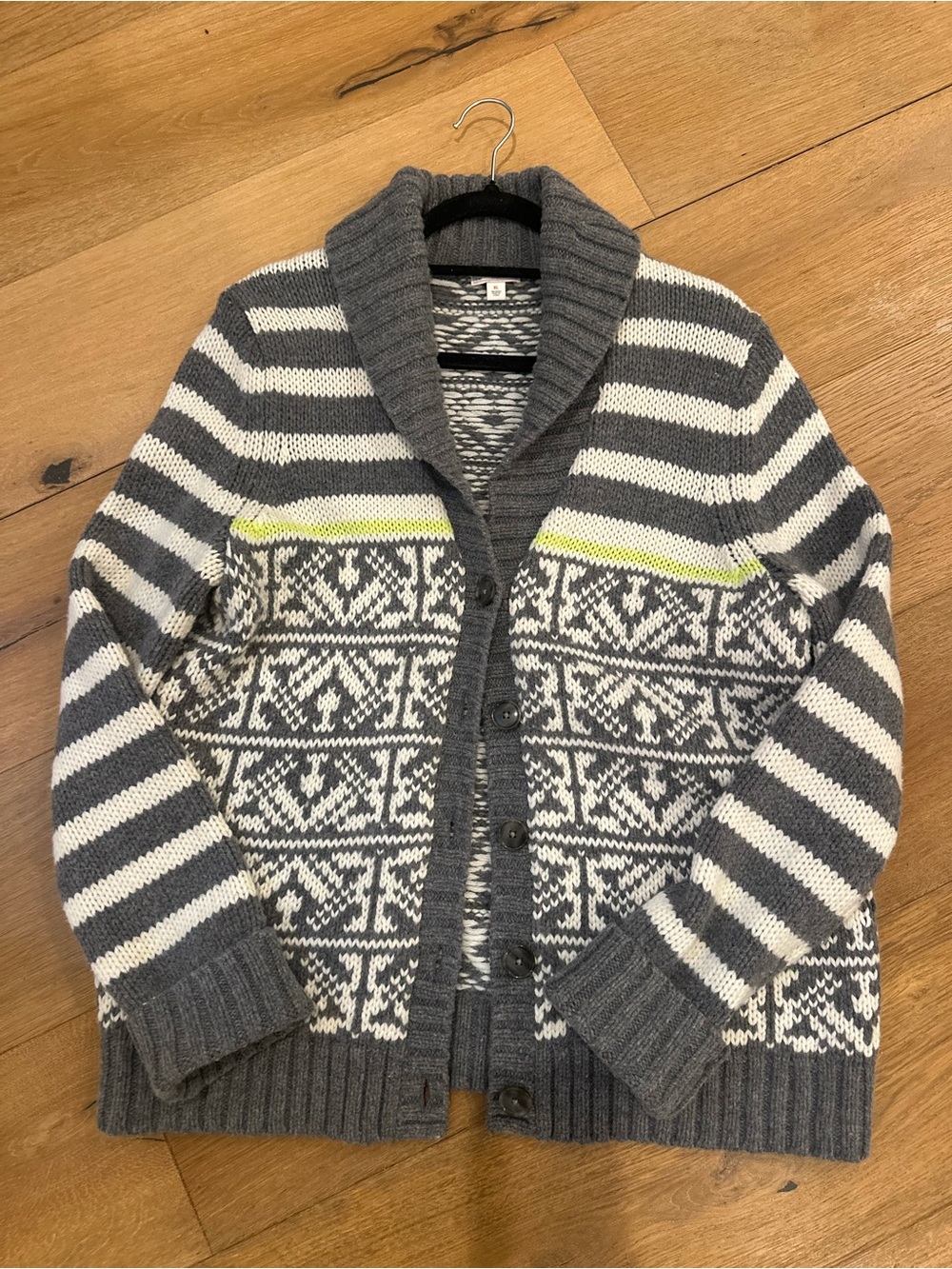 GAP Gray & White Striped Wool BlendShawl Collar Cardigan with Subtle Neon Accent